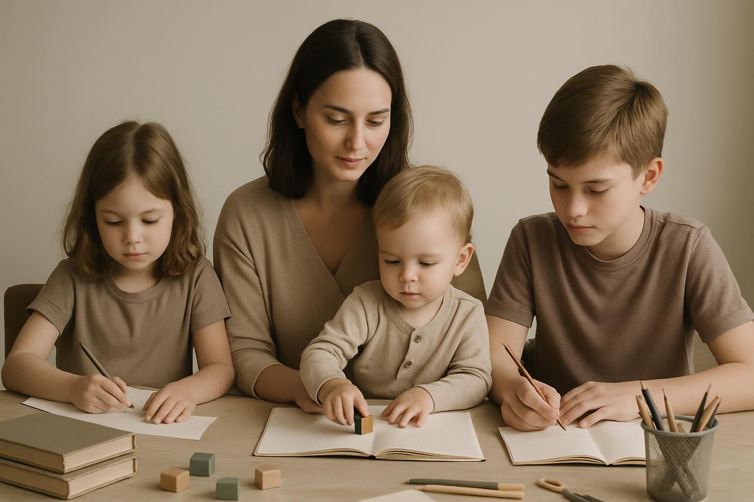 Mother and two children seated across from each other at a desk working with papers and books, against a white wall.
