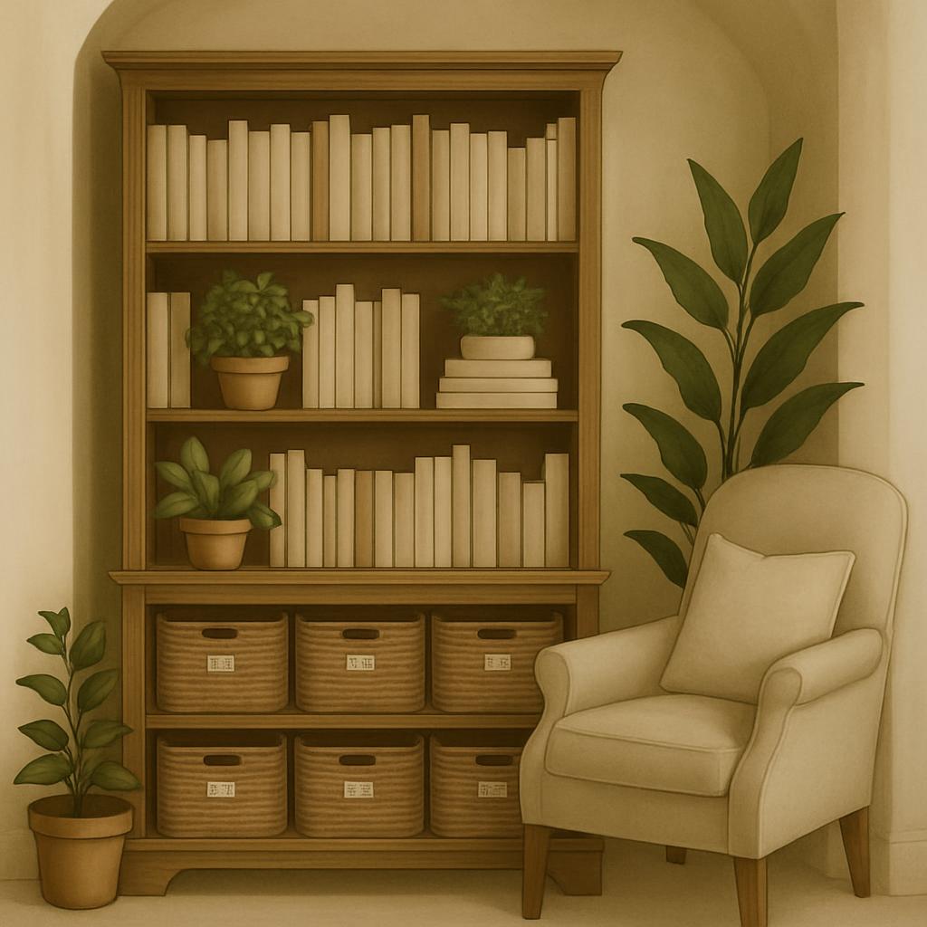 A painted bookshelf, with a beige, armchair, and green plants in the background.
