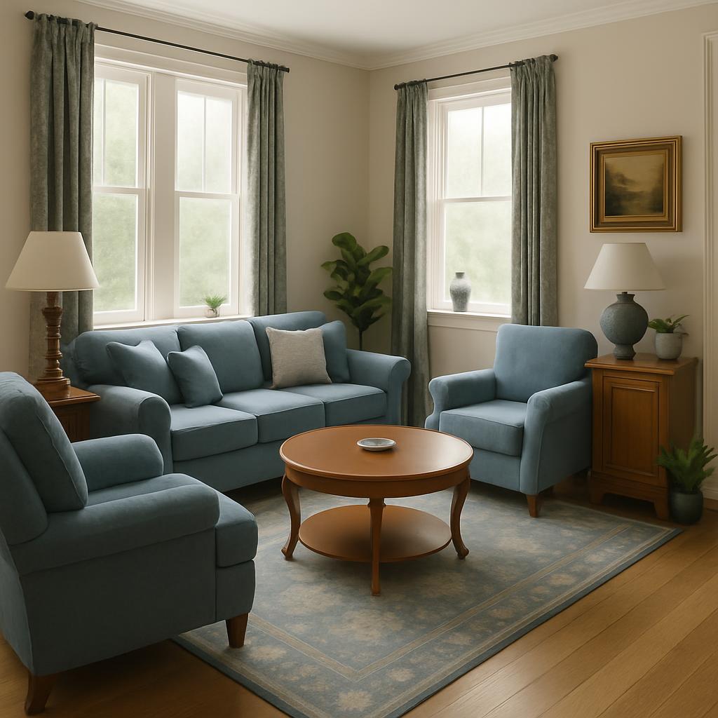 A cozy living room with a light blue couch and two armchairs, surrounded by window, lamps, potted plants, a small wooden t...