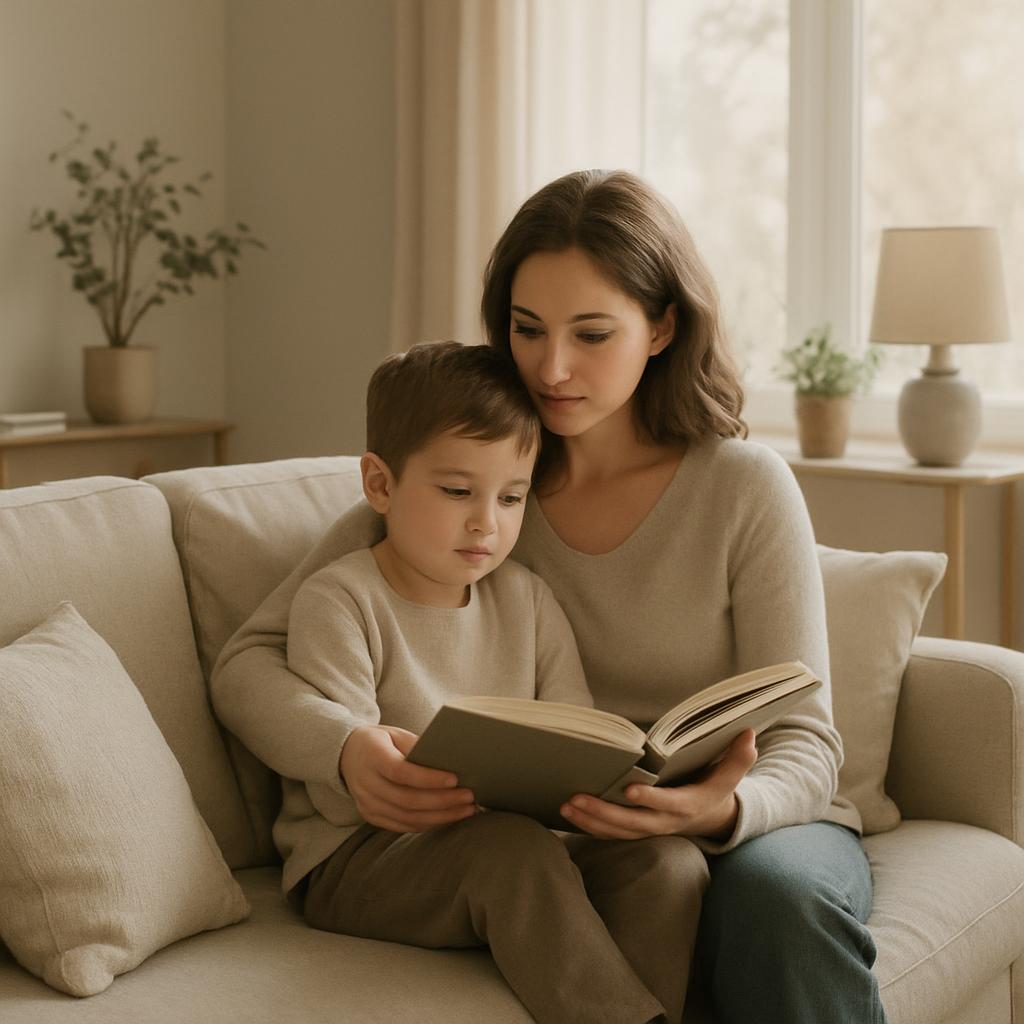 A woman and a young boy are sitting together on a sofa, reading a book.