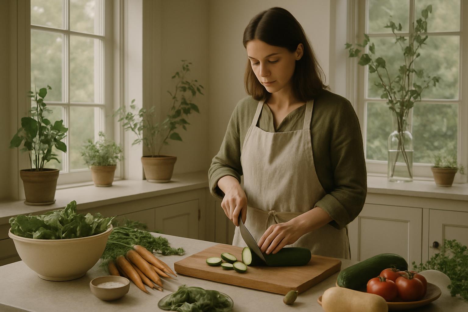 A woman in an apron stands at a kitchen counter, chopping vegetables for a salad. Friendly and inviting. Shot with natural...