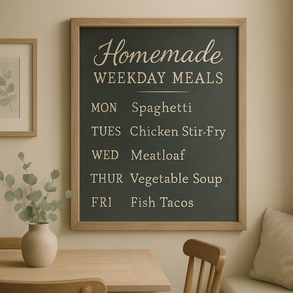 Homemade meal plan for the week of Monday to Friday, featuring breakfast options not explicitly mentioned in the image.