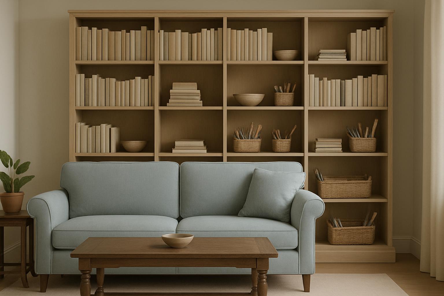 The living room features a light blue loveseat and wooden coffee table. The room also contains a large, tall bookshelf aga...