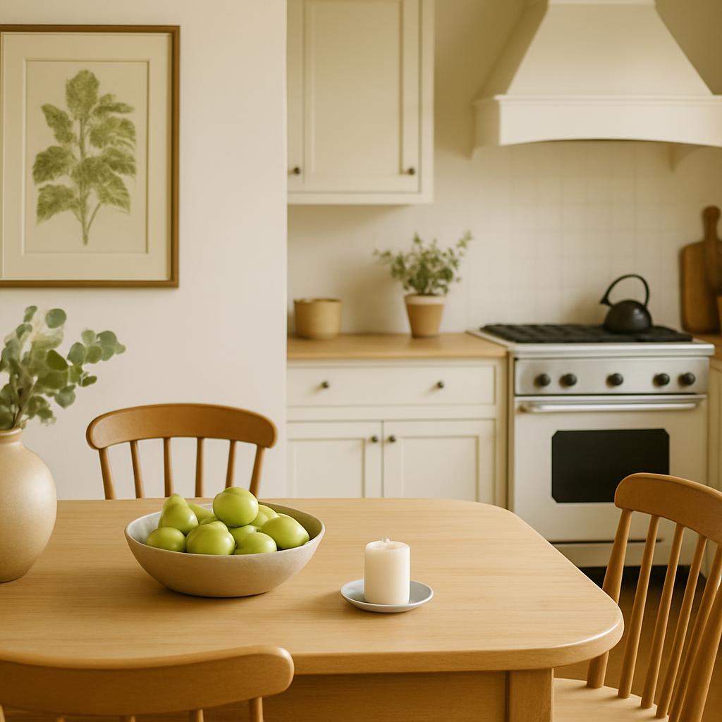 A lightly furnished and styled dining room with green apples, greenery, and a candle, featuring a kitchen island with pott...