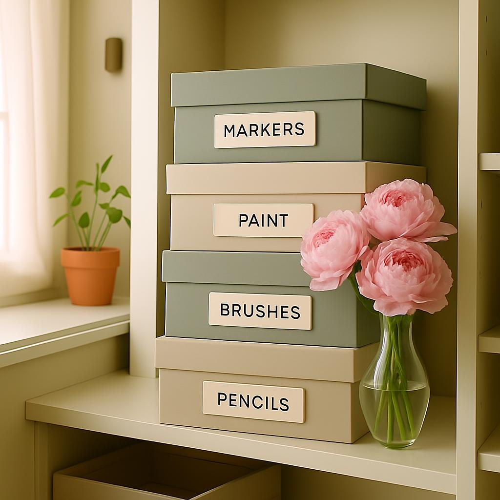 A stack of five boxes on a shelf, each labeled with a different art supply.