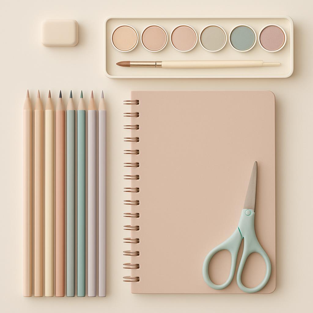 A flat lay of art supplies, including colored pencils, a paint set, a sketchbook and a pair of scissors.