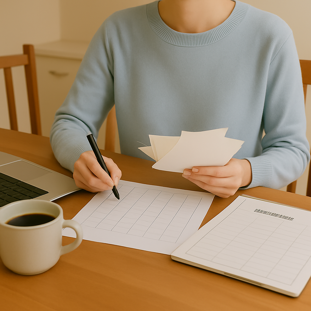 A person wearing a light-blue sweater sits at a wooden desk holding a pen, with a laptop, notebook, and cup of coffee nearby.